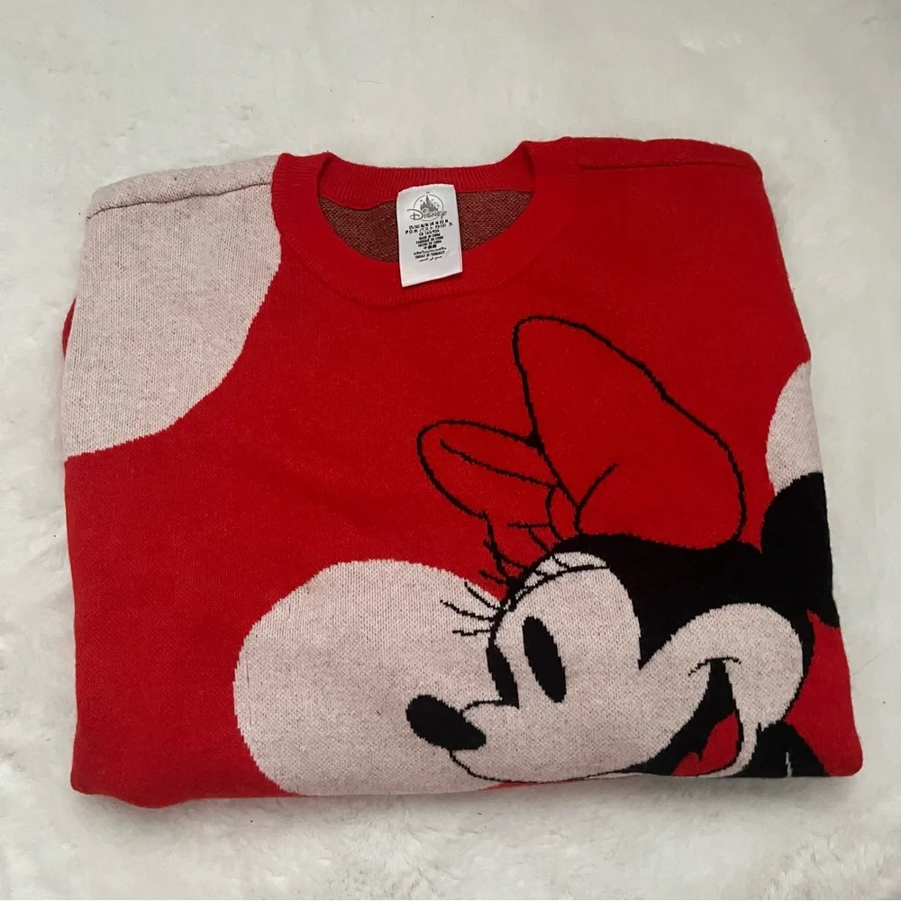NWOT Disney Minnie Mouse Sweater Red White Polka Dots Adults - Picture 1 of 6